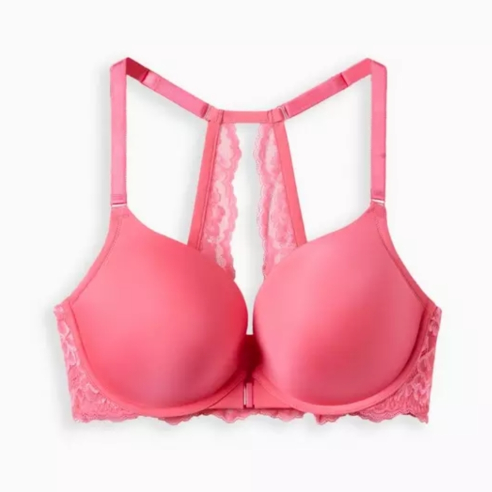 Torrid Vibrant Pink Lace Racerback Plunge Bra With Front Closure